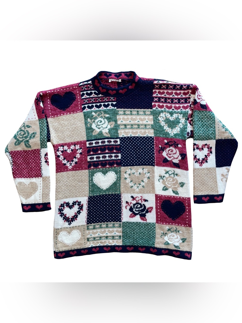 VTG Chunky Patchwork Knit Oversize Sweater Cottage Artsy Dopamine Cabin Sz L